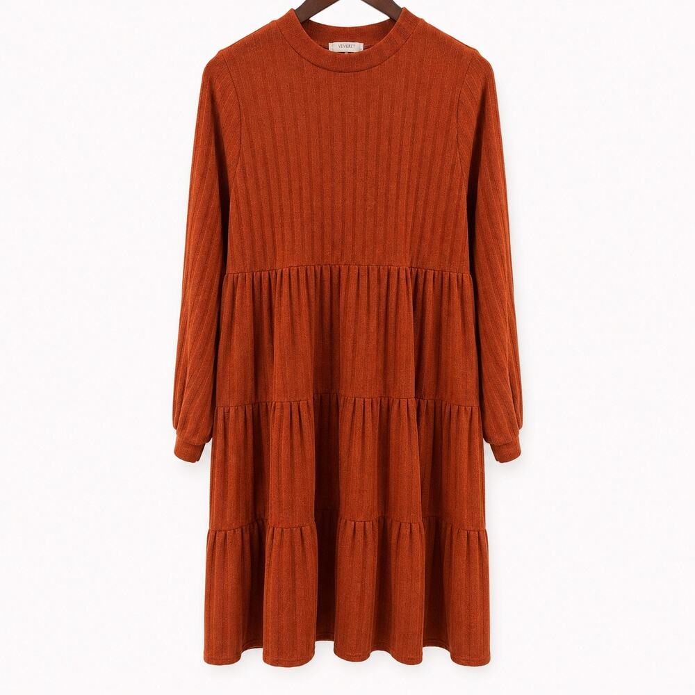 VEVERET Womens 1XL Rust Ribbed Knit Tiered Midi Dress Long Sleeve NWT Boho Fall